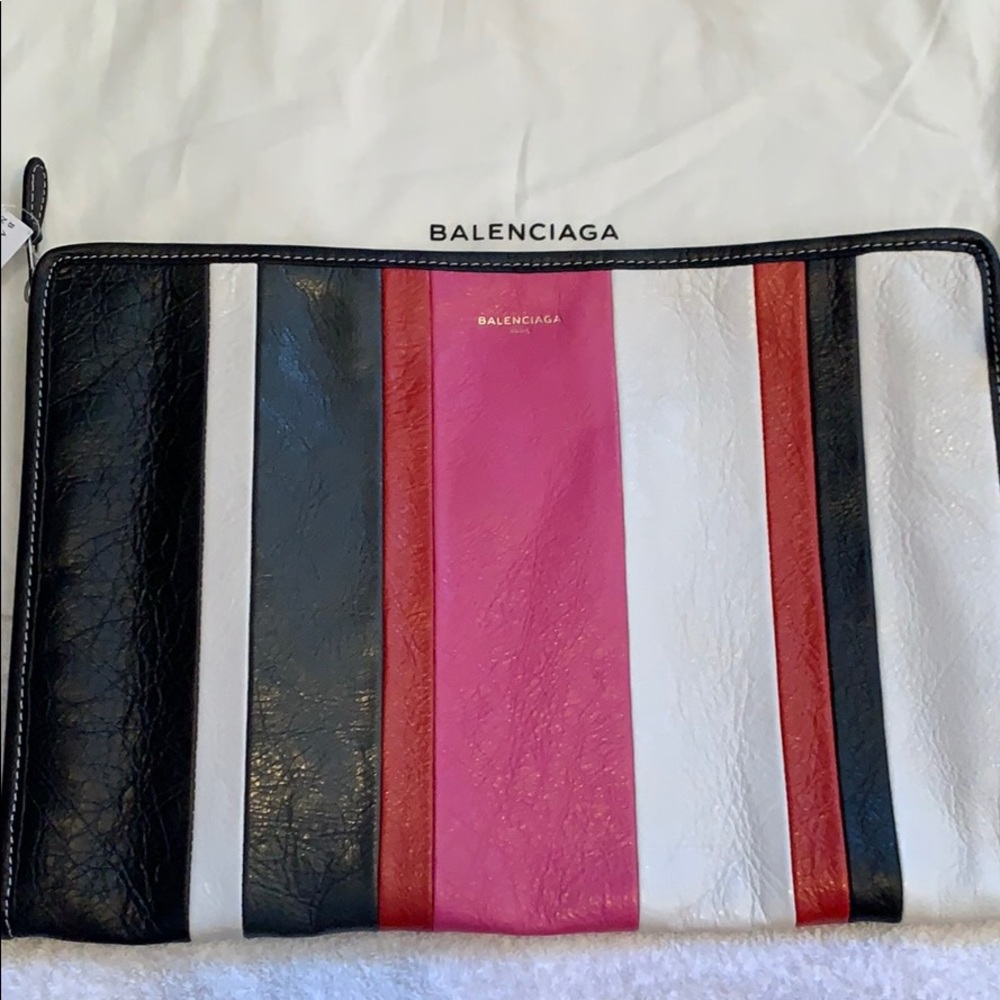 Balenciaga Multicolor Vertical Stripe Leather Clutch — Black, White, Pink & Red.